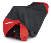 Photo of CRAFTSMAN snow blower cover, SKU CMXGZAA52001501, in black and red, side angle on white background.