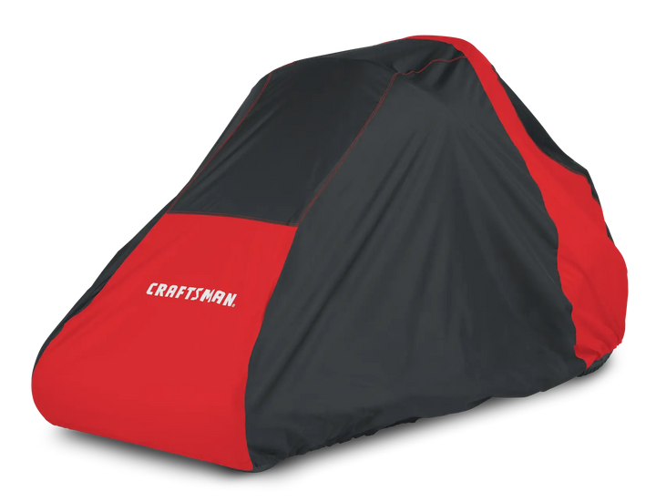 Photo of Craftsman lawn mower cover CMXGZAA52002101, black and red, side angle on white background.