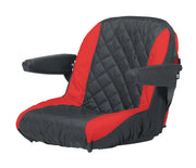 Craftsman seat cover CMXGZAA52002301, black and red quilted fabric, front angle with armrests.