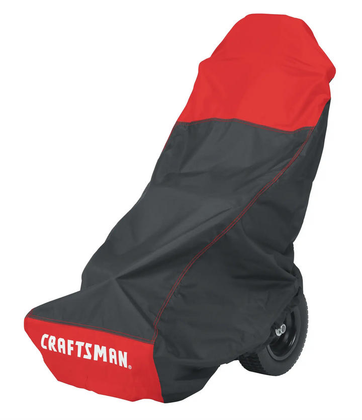 Photo of Craftsman lawn mower cover CMXGZAA52002501, black and red, angled on white background.