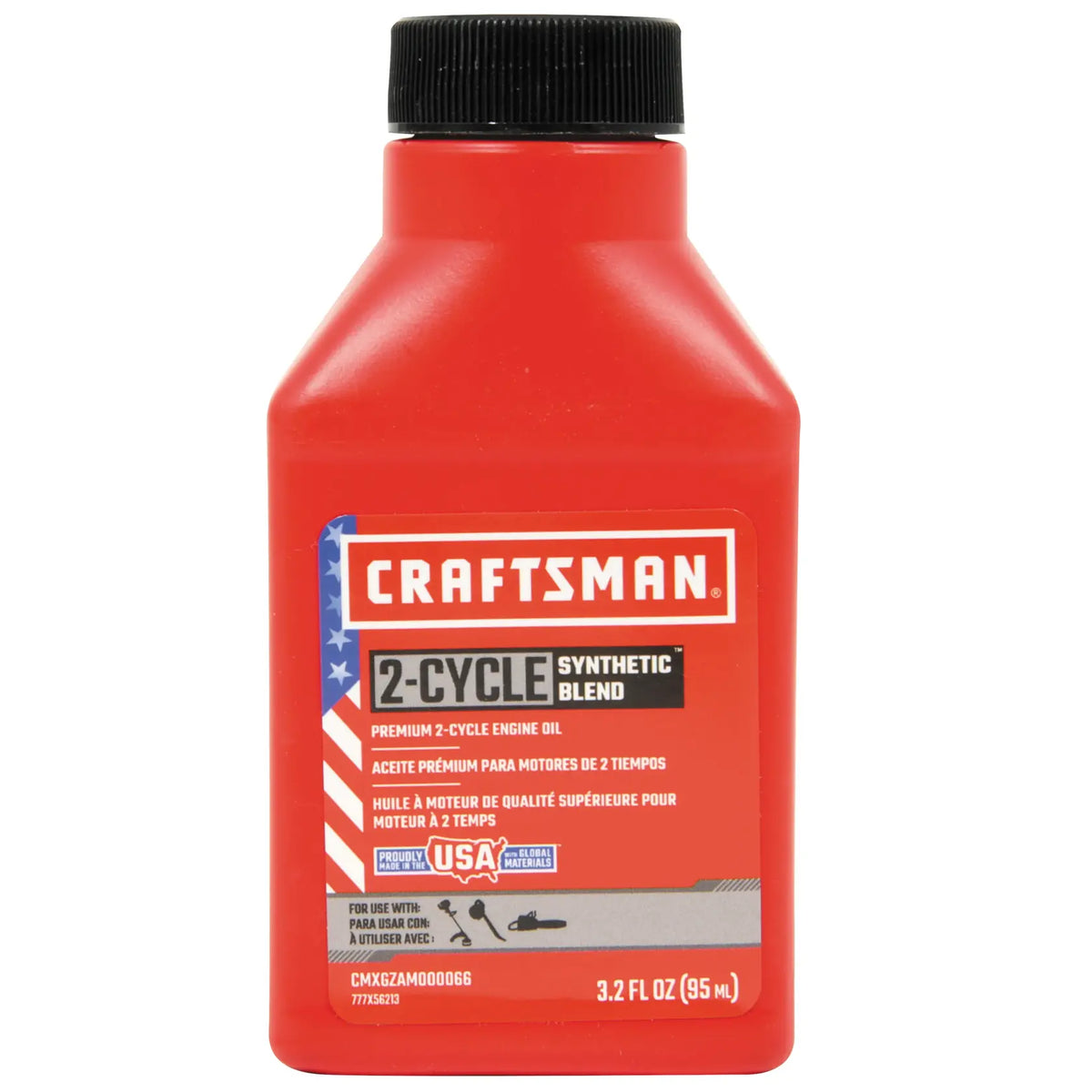 Front angle photo of Craftsman 2-cycle synthetic blend engine oil, red bottle, SKU CMXGZAM000066, 3.2 fl oz.
