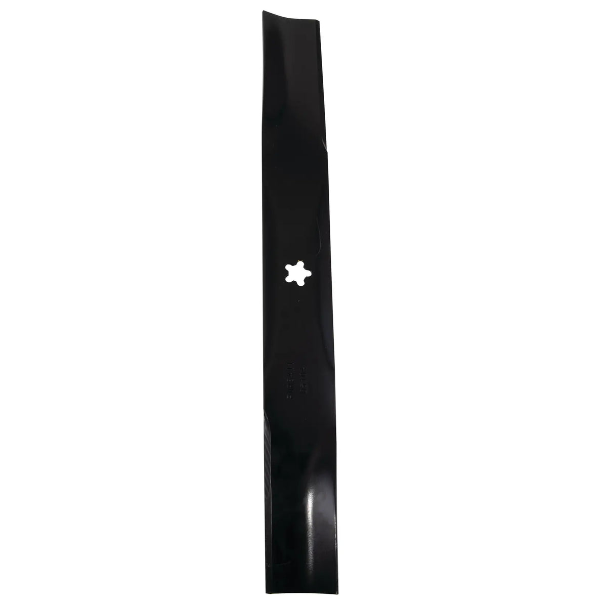 A single black lawn mower blade with a star-shaped central mounting hole, shown vertically against a white background.