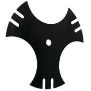 Black steel trimmer blade with three arms and center hole, white background beauty shot, top view.