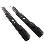 Two black metal lawn mower blades with star-shaped mounting holes, placed side by side on a white background.