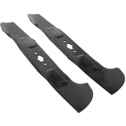 Photo of CRAFTSMAN mower blades, SKU CMXGZAM110192, black steel, set of two, angled on white background.