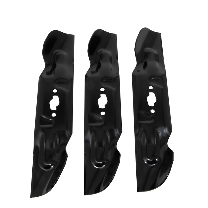 Photo of three black CRAFTSMAN lawn mower blades, SKU CMXGZAM110193, top view on white background.