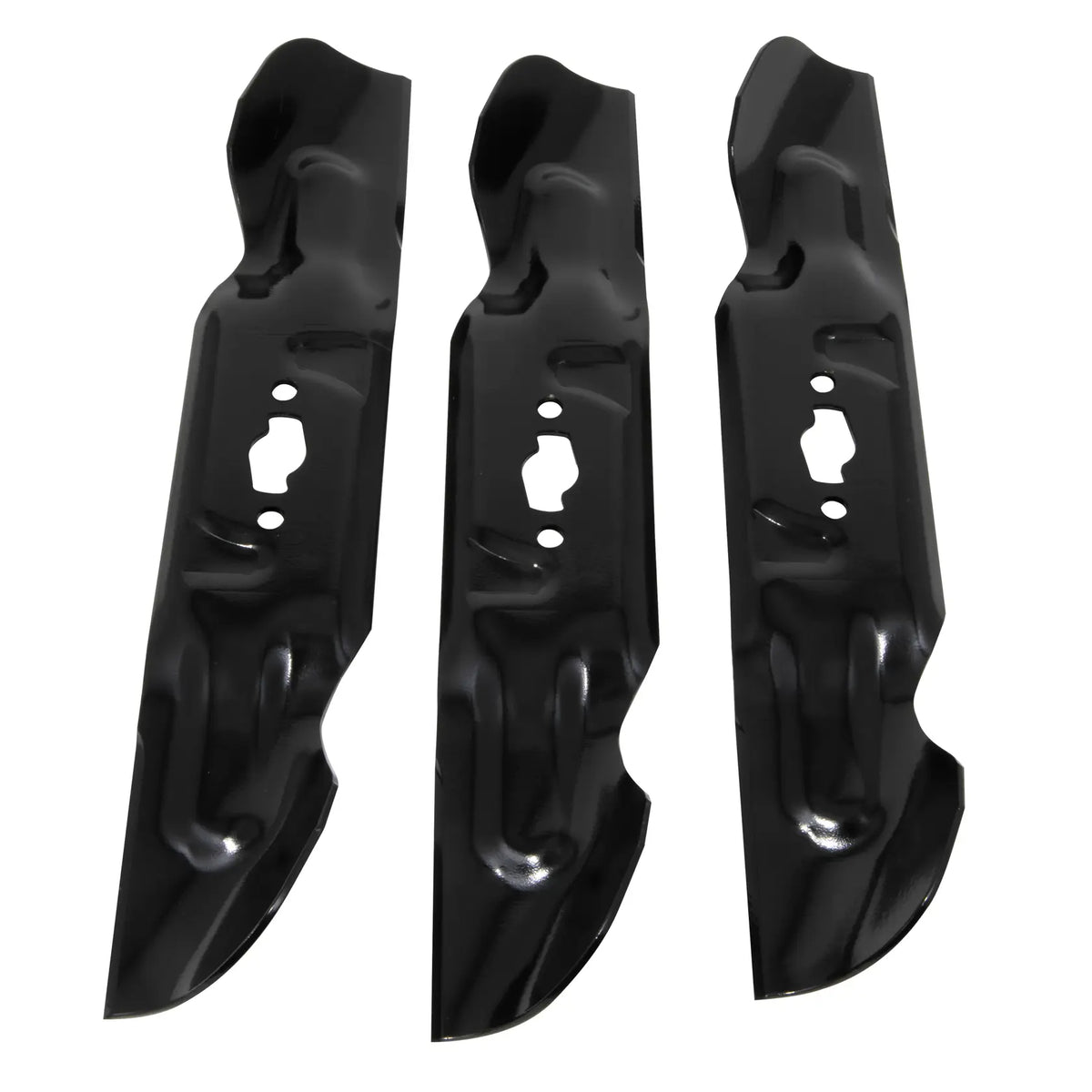 Photo of three Craftsman mower blades, black finish, model CMXGZAM110194, top view on white background.