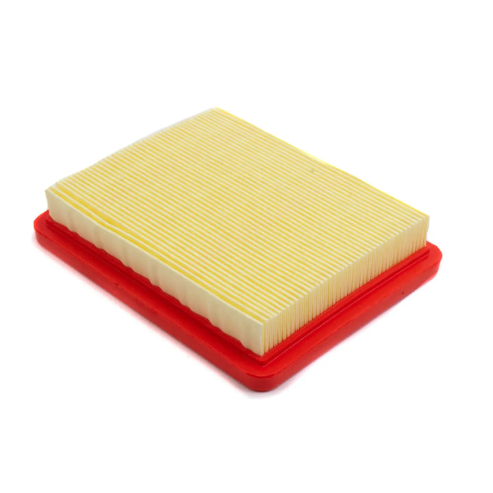 Craftsman rectangular air filter with red border, yellow pleated paper, SKU CMXGZAM200065, top view.