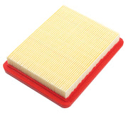 Rectangular pleated air filter with red frame, angled view, white background beauty shot