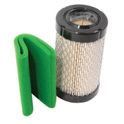 Air filter cartridge with metal mesh and green foam filter on white background beauty shot front angle