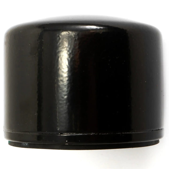 Black cylindrical photography lens cap, white background beauty shot, side angle