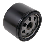 Close-up image of a cylindrical automotive oil filter with a black metallic exterior and a threaded center surrounded by several circular holes.