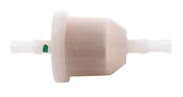 Plastic in-line fuel filter with barbed connectors, translucent body, white background beauty shot, side angle.