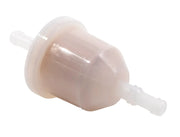 Plastic inline fuel filter, translucent body, white background beauty shot, angled side view.