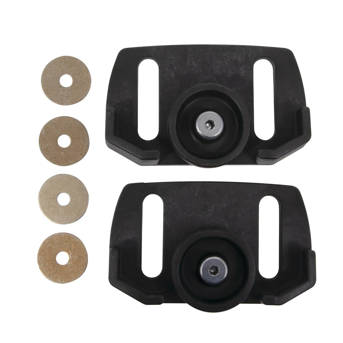 Two black camera accessory mounts with round washers, flat lay, white background beauty shot, top view