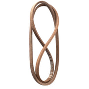 A brown industrial V-belt displayed against a white background, with some printed text visible on the surface.
