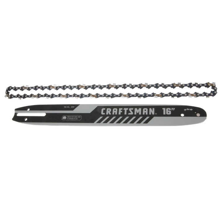 Photo of Craftsman chainsaw bar and chain, model CMXGZAM700126, 16-inch, black and gray, top-down angle.