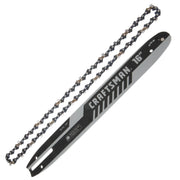 Photo of Craftsman chainsaw bar and chain, 16 inch, model CMXGZAM700126, overhead angle, silver and black.