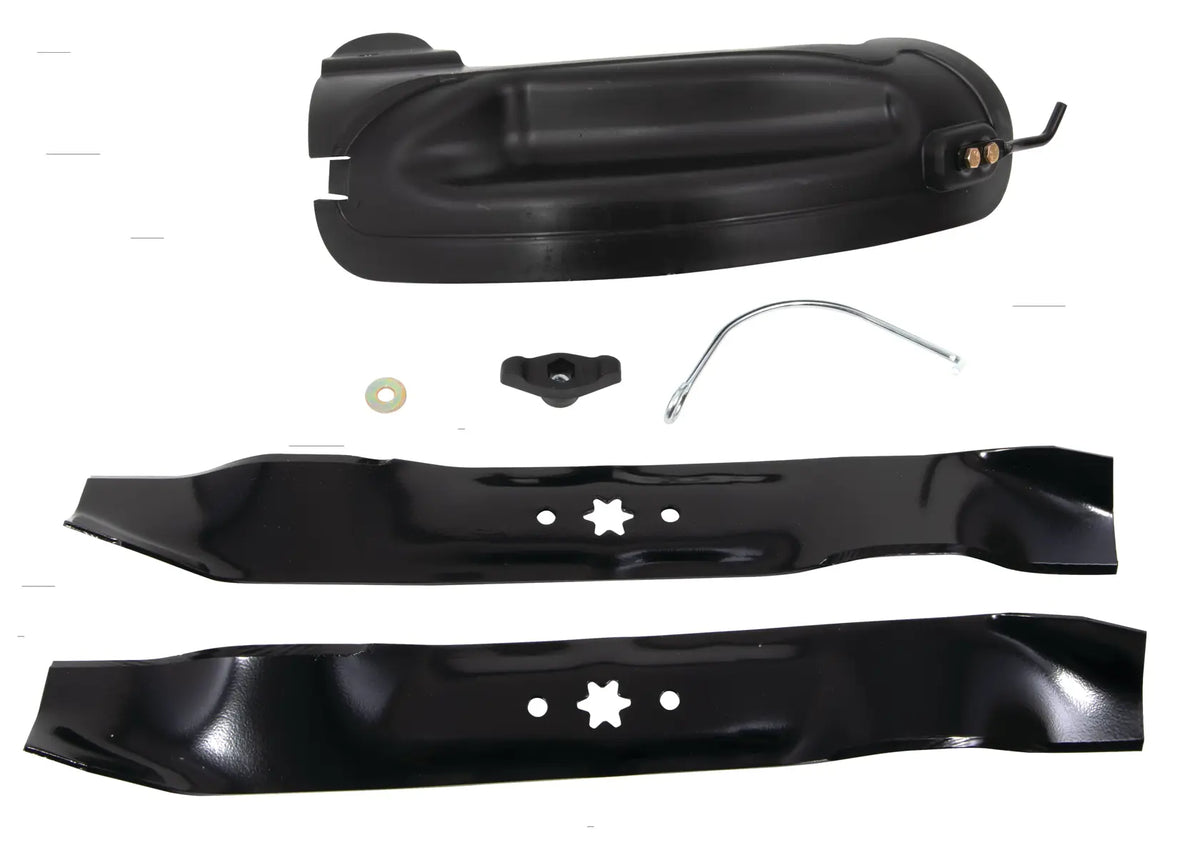 Craftsman lawn mower mulching kit with two blades, discharge cover, and hardware, white background beauty shot, top view.