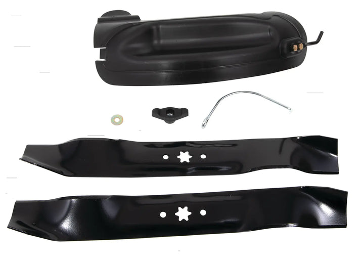 Craftsman lawn mower mulching kit with two blades, discharge cover, and hardware, white background beauty shot, top view.