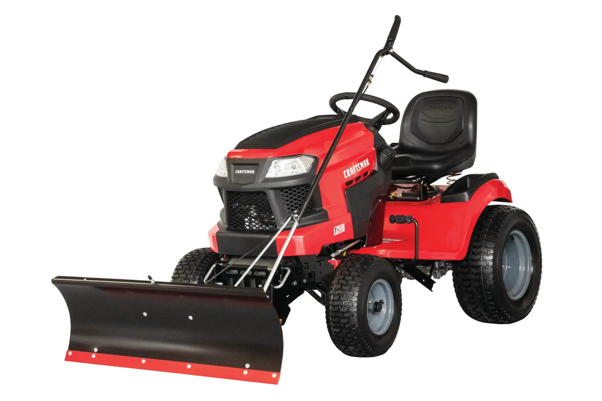 Front angle photo of Craftsman CMXGZBF7124441 red riding lawn mower with front blade attachment.