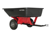 Photo of Craftsman tow-behind poly cart, SKU CMXGZBF7124489, black and red, side angle on white background.