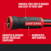 Photo of Craftsman hose coupling CMXMHBB16515 with red and black rubberized grip, anodized aluminum ends.