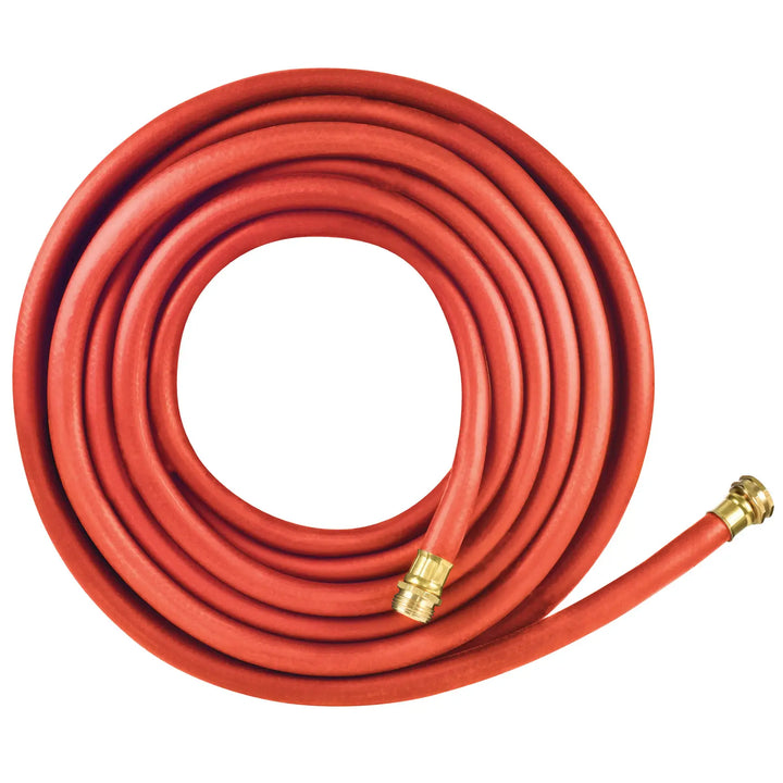 Photo of Craftsman red rubber garden hose with brass fittings, model CMXMHHF5850RL, coiled on white background.
