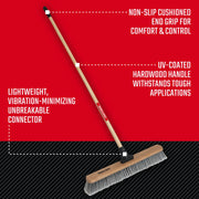 Photo of Craftsman hardwood push broom CMXMLBA8224A with cushioned grip and UV-coated handle, angled view.