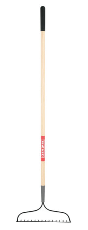 A garden rake with a wooden handle and a black metal head with several teeth, shown vertically on a plain white background.