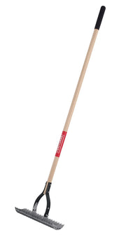 A garden rake with a wooden handle and a metal head featuring serrated edges, shown against a white background.