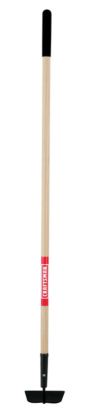 A garden hoe with a wooden handle and a black metal blade, shown standing upright against a white background.
