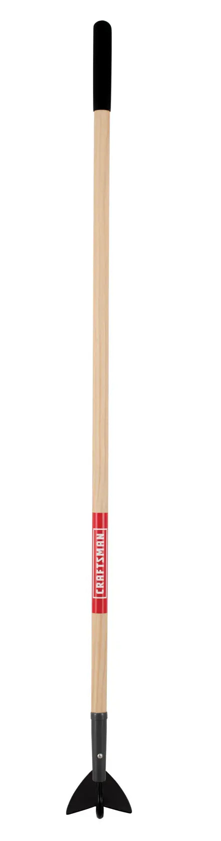 A garden hoe with a wooden handle and a black metal blade, shown standing upright on a white background.