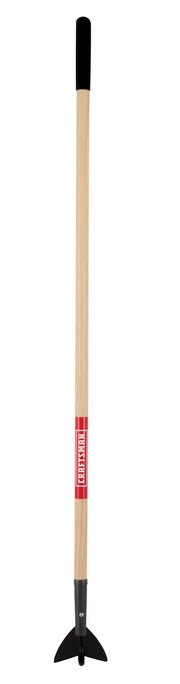 A garden hoe with a wooden handle and a black metal blade, shown standing upright on a white background.