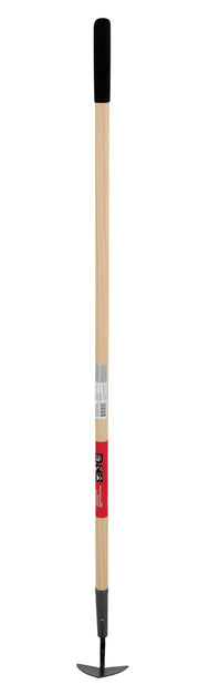 A garden hoe with a long wooden handle, a black grip at the top, and a metal blade at the bottom, used for gardening and landscaping.