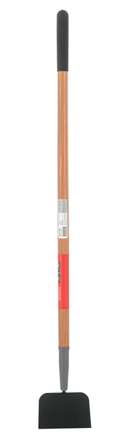 A long-handled garden hoe with a wooden handle, black rubber grip at the top, and a flat, rectangular metal blade at the bottom.