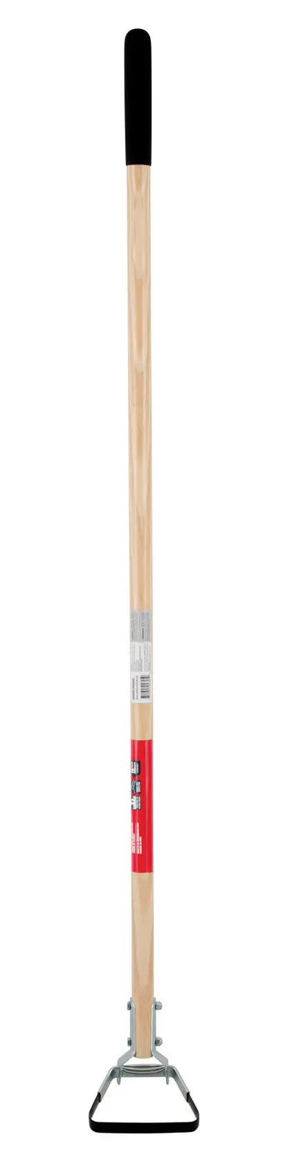 A gardening tool with a wooden handle and a black rubber grip at the top, featuring a triangular metal hoe blade at the bottom. The product has a red label near the base of the handle.