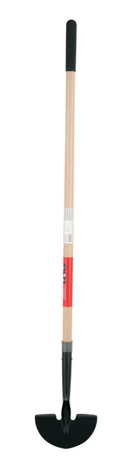 A garden edger tool with a long wooden handle and a black semicircular metal blade at the bottom, designed for creating clean edges along garden beds or walkways.
