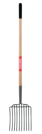 A pitchfork with a wooden handle, black grip, and several long, metal tines, commonly used for gardening or farming.