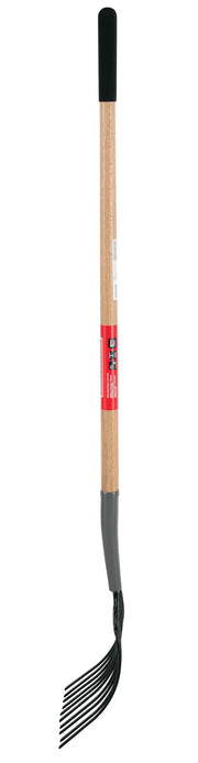 A garden rake with a wooden handle, a black grip at the top, and black metal tines at the bottom, designed for yard and garden work.