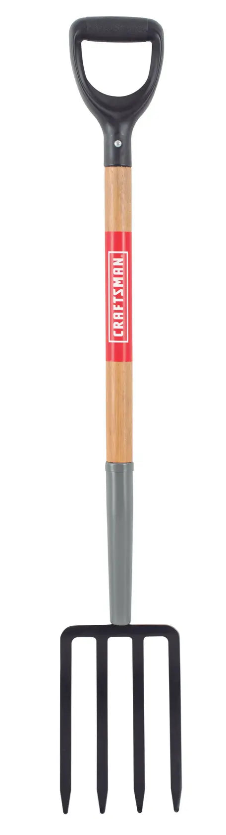A gardening fork with a black handle, wooden shaft, and four metal tines, shown against a white background.