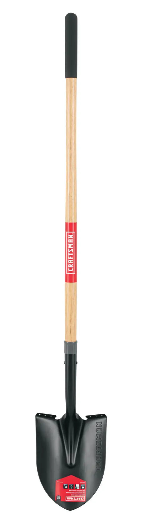 A long-handled shovel with a wooden handle and a black metal blade, featuring a red Craftsman label near the top of the blade.