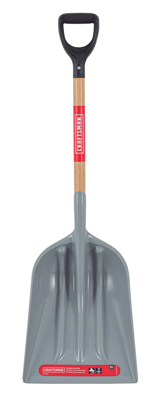A gray snow shovel with a wide plastic blade, wooden handle, and black D-shaped grip. The shovel has a red label with branding and information near the base of the handle.