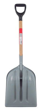 A large, gray snow shovel with a wide plastic blade, a wooden handle, and a black D-shaped grip, shown on a white background.
