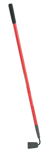 A red gardening hoe with a black handle and a flat metal blade, photographed on a white background.