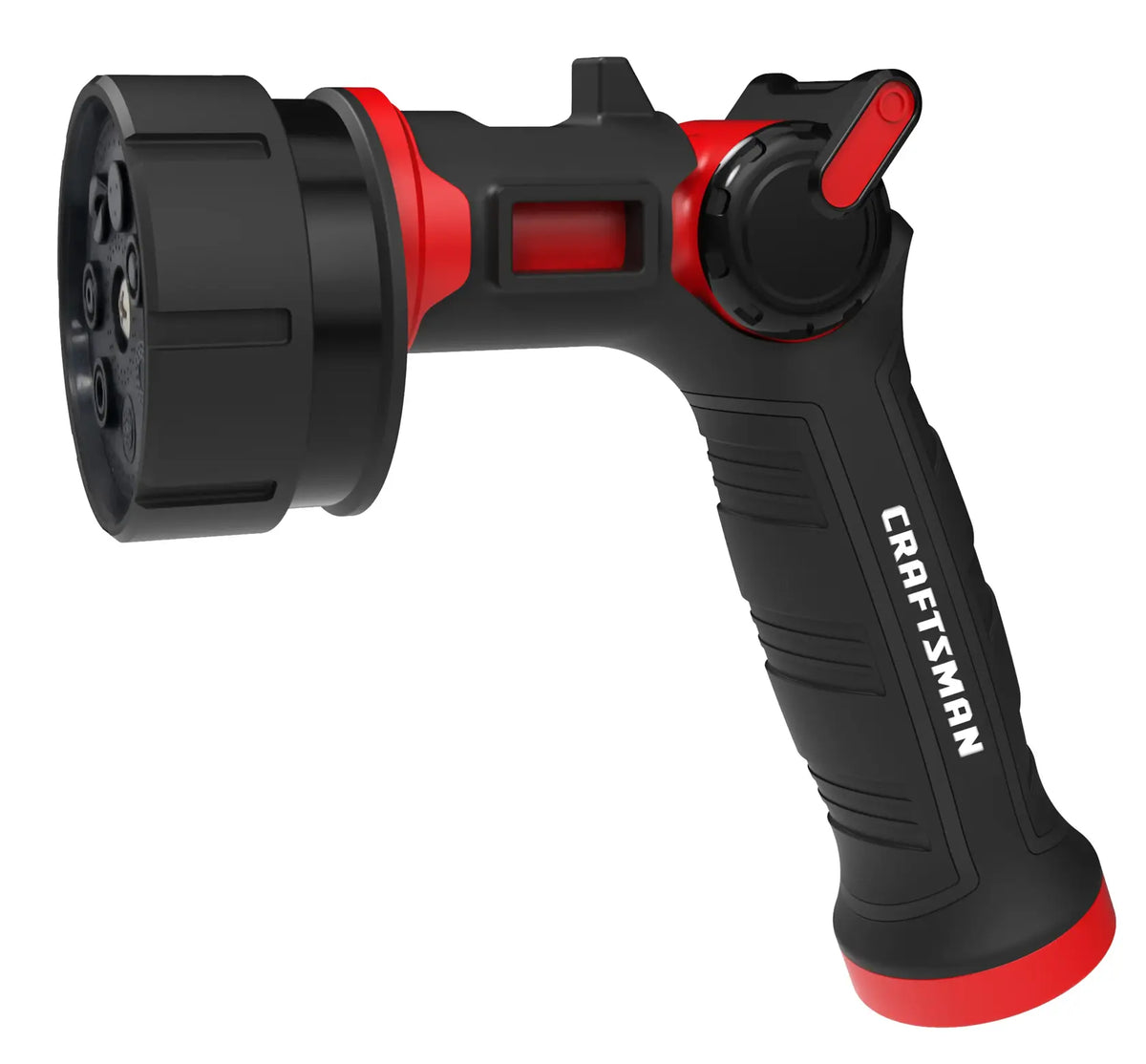 Craftsman CMXMWBB16635 black and red garden hose nozzle, side angle, textured grip, adjustment dial.