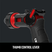Craftsman thumb control lever garden hose nozzle CMXMWBB16636, side angle, black and red design.