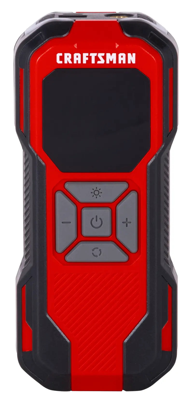 Photo of CRAFTSMAN CMXPTXA1201 red and black digital laser measure with front view and control buttons.