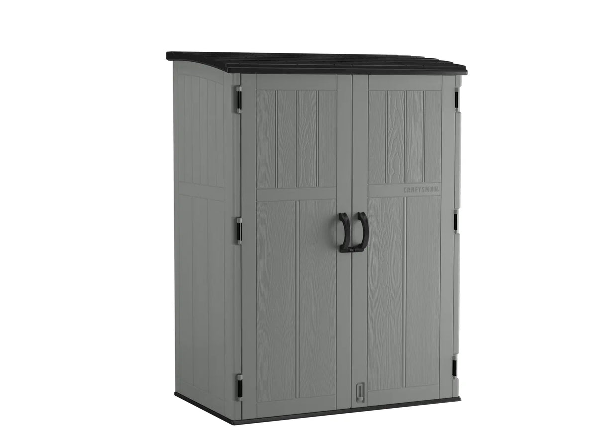 Photo of Craftsman outdoor storage cabinet, gray with black top, two doors, SKU CMXRCSCBMSC5752, angled view.