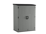Photo of Craftsman outdoor storage cabinet, gray with black top, two doors, SKU CMXRCSCBMSC5752, angled view.